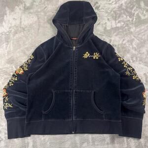 Vintage Y2K DKNY Active Floral Embroidered Zip Hoodie XL Dark Black Velour